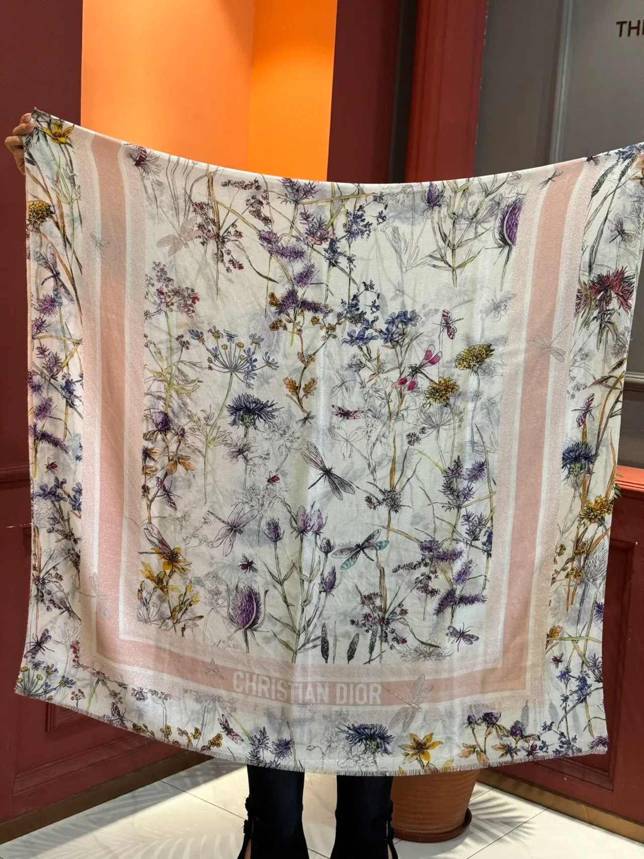 Beige Multicolor Botanical Print Sheer Lightweight Silk Scarf 9