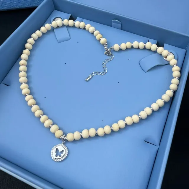 Beige Silver Beaded Wooden Necklace 5