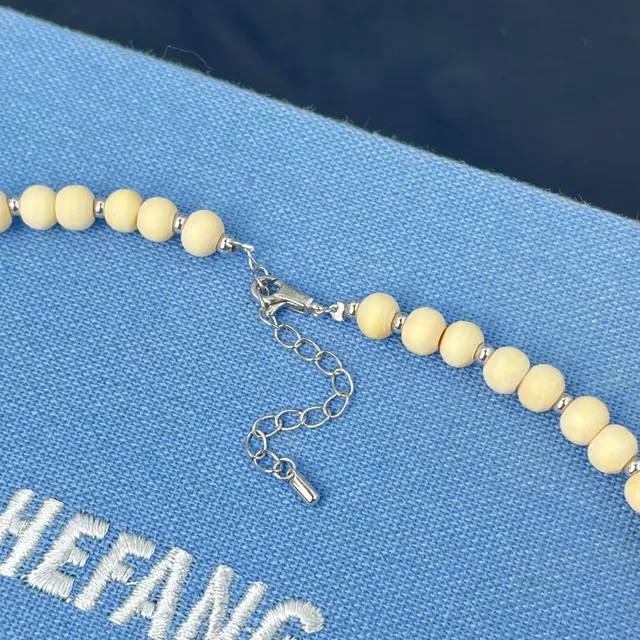 Beige Silver Beaded Wooden Necklace 6