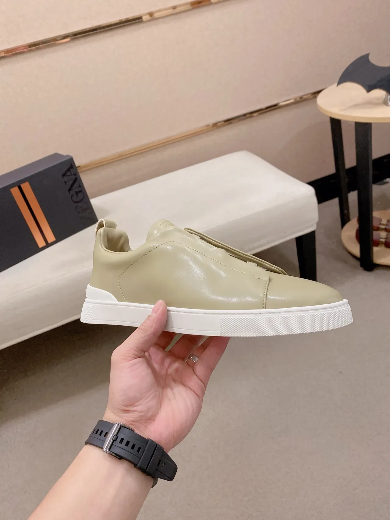 Beige White Slip-On Smooth Leather Upper Sneakers 4