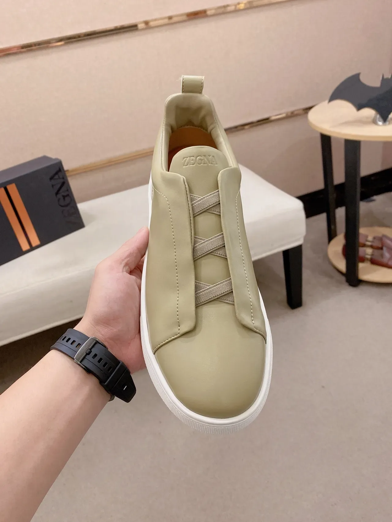 Beige White Slip-On Smooth Leather Upper Sneakers 5
