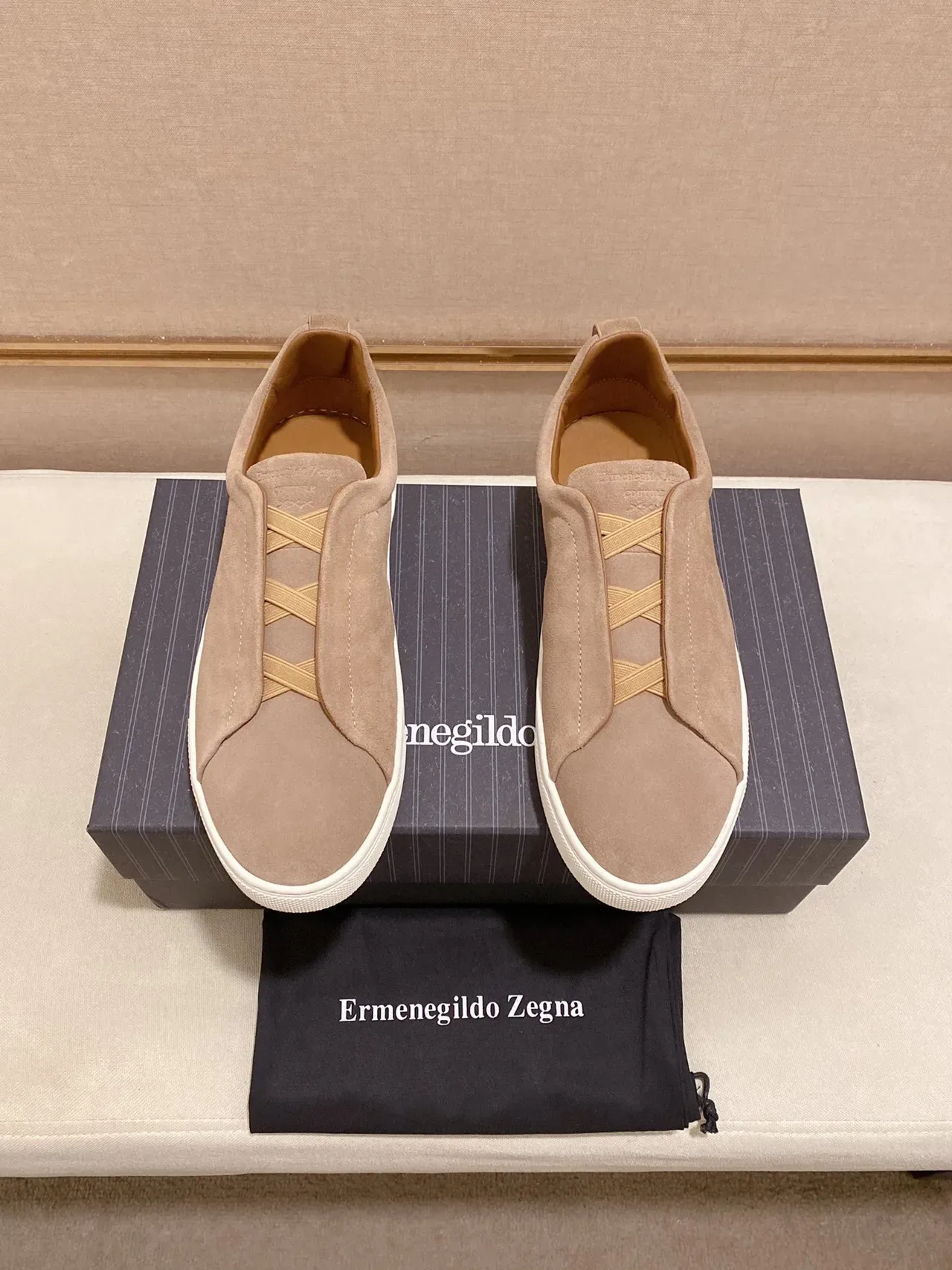 Beige White Slip-On Suede Upper Sneakers 5