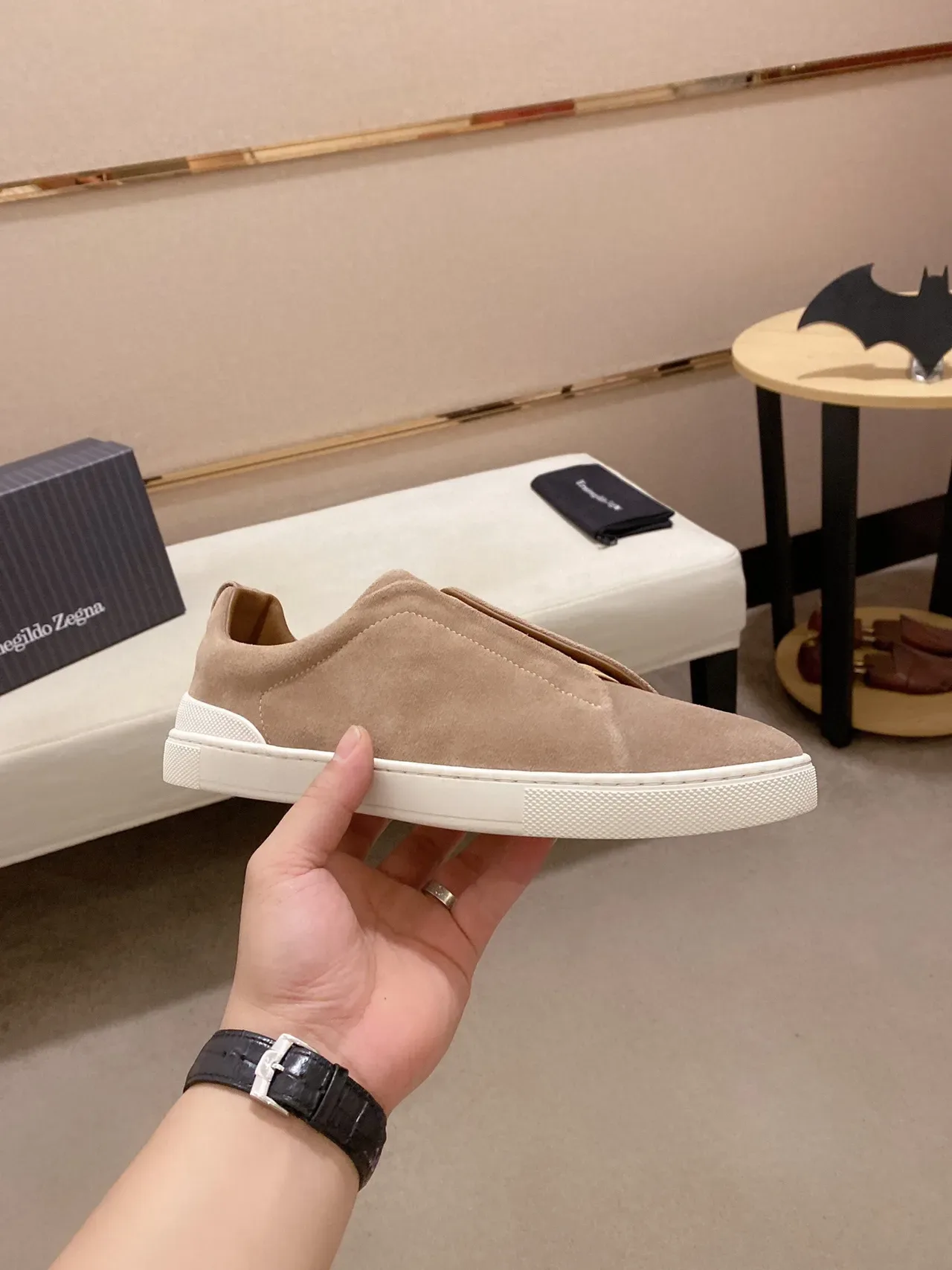 Beige White Slip-On Suede Upper Sneakers 6