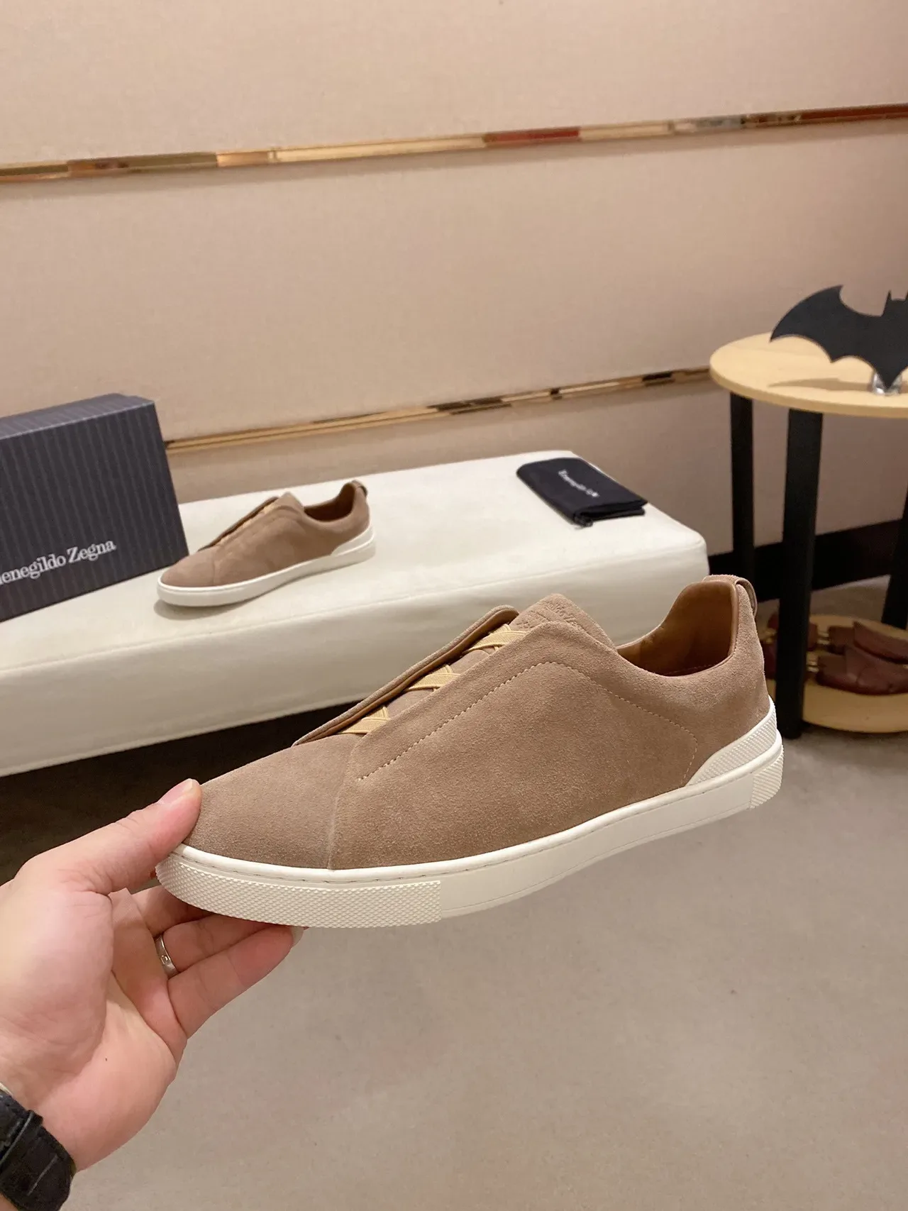 Beige White Slip-On Suede Upper Sneakers 7