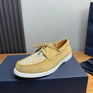Beige White Suede Upper Monogrammed Textile Toe Boat Shoes