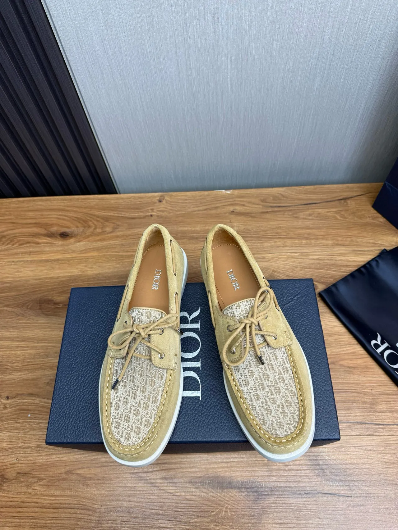 Beige White Suede Upper Monogrammed Textile Toe Boat Shoes 2