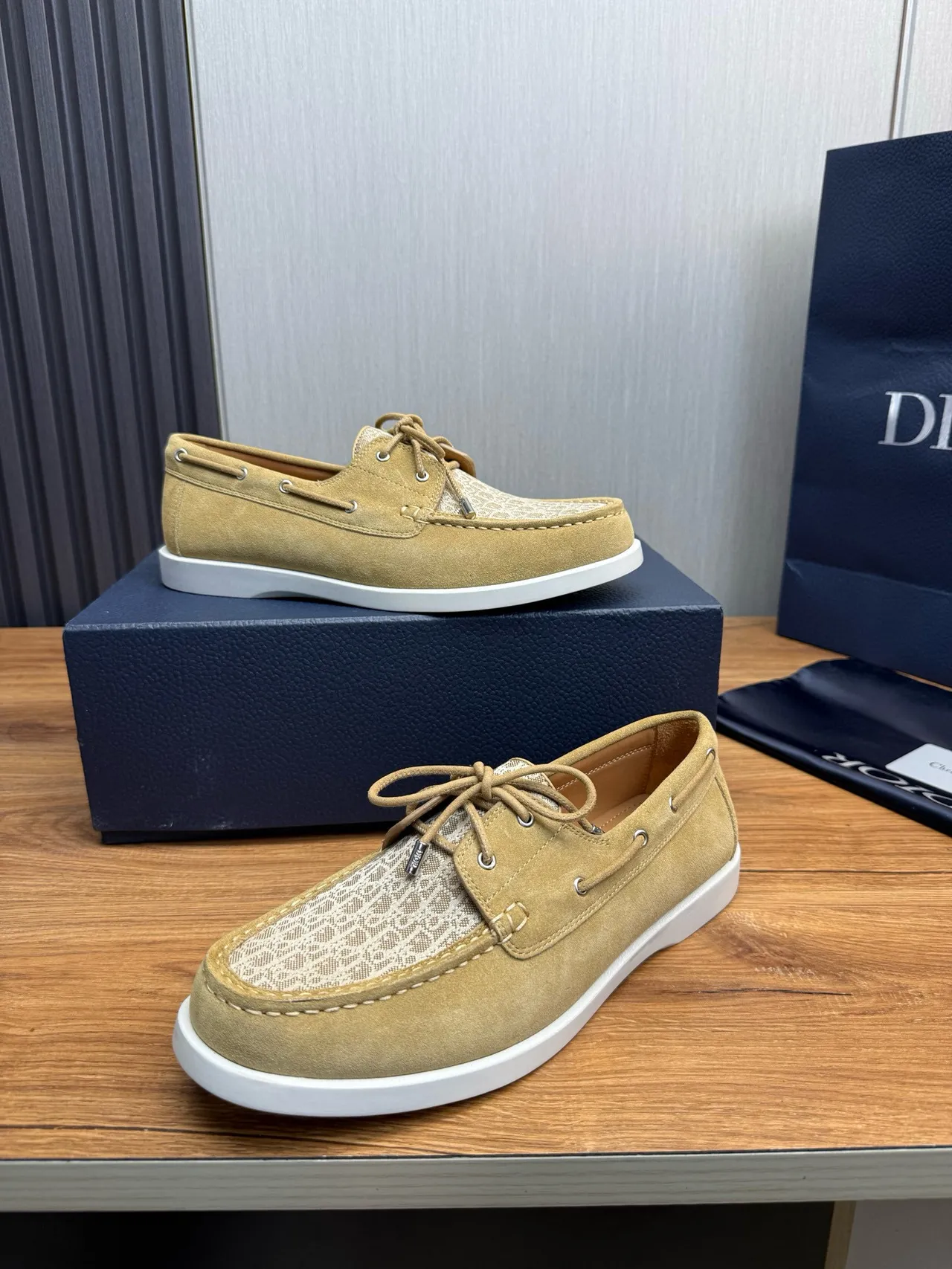 Beige White Suede Upper Monogrammed Textile Toe Boat Shoes 4