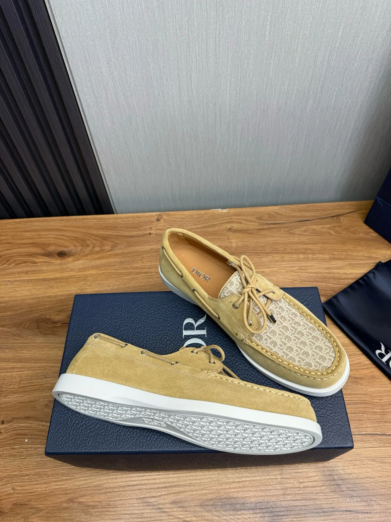 Beige White Suede Upper Monogrammed Textile Toe Boat Shoes 6
