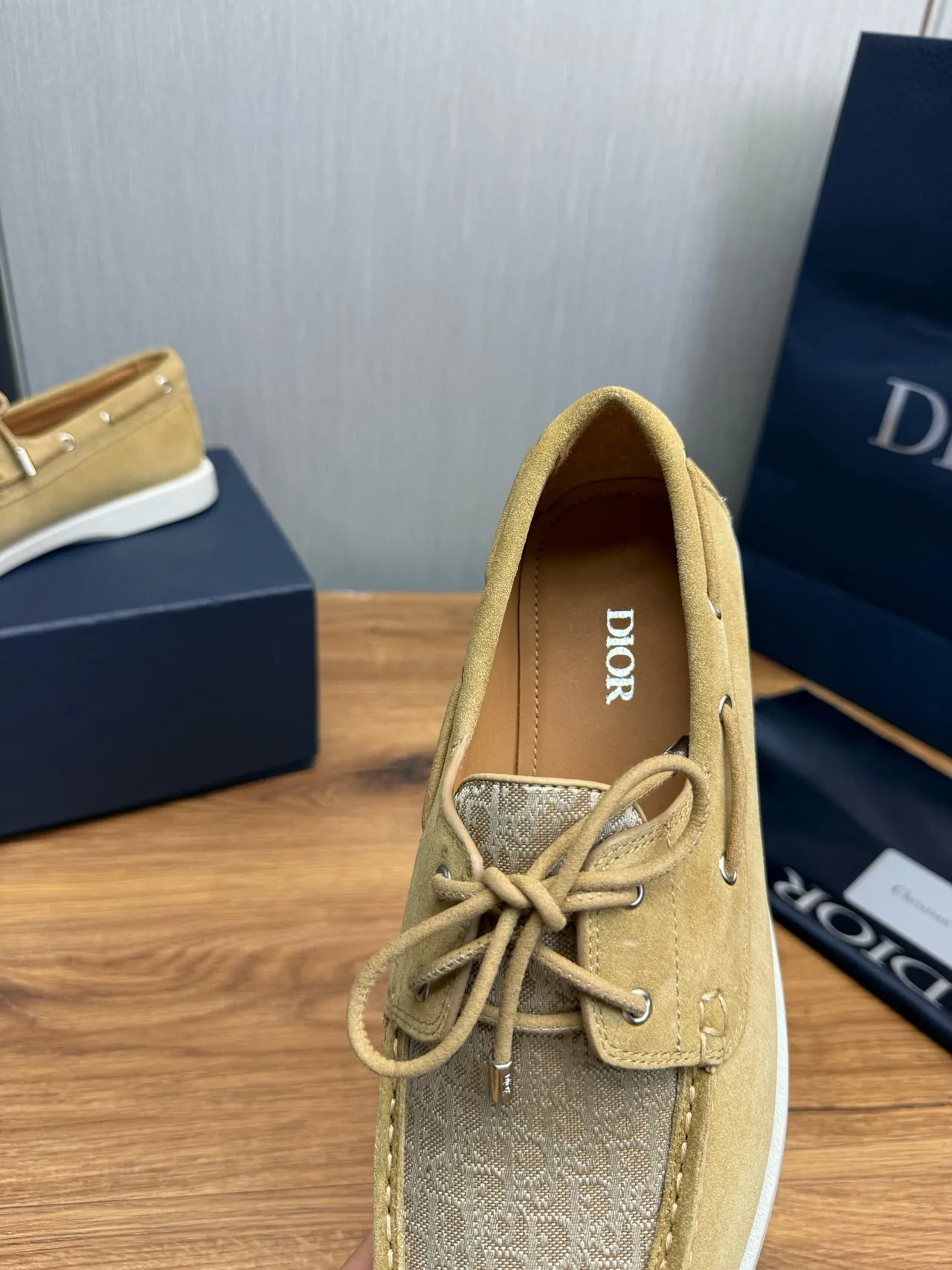 Beige White Suede Upper Monogrammed Textile Toe Boat Shoes 9