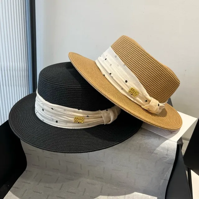 Beige White Woven Straw Polka-Dot Ribbon Band Fedora 2