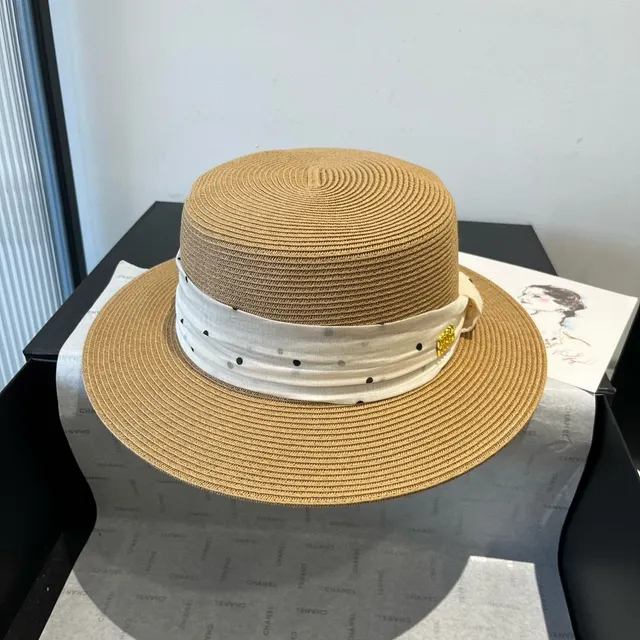 Beige White Woven Straw Polka-Dot Ribbon Band Fedora 7