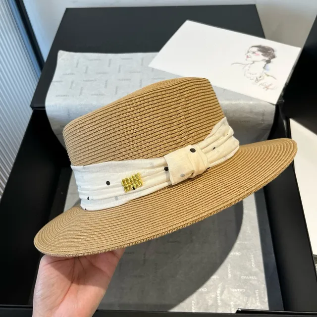 Beige White Woven Straw Polka-Dot Ribbon Band Fedora 8