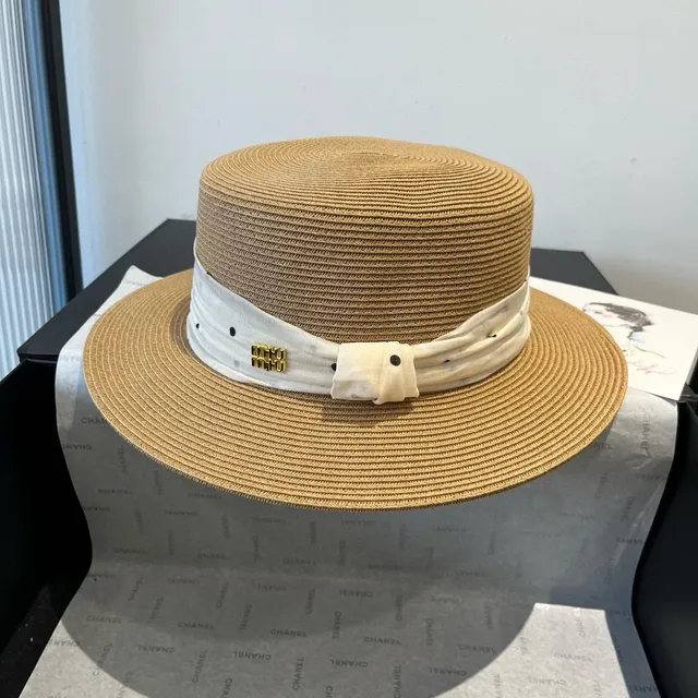 Beige White Woven Straw Polka-Dot Ribbon Band Fedora 9
