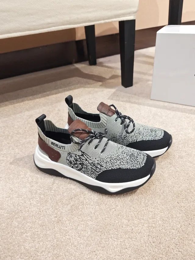BERLUTI Gray Brown Knit Upper Chunky Sculpted Sole Sneakers 4