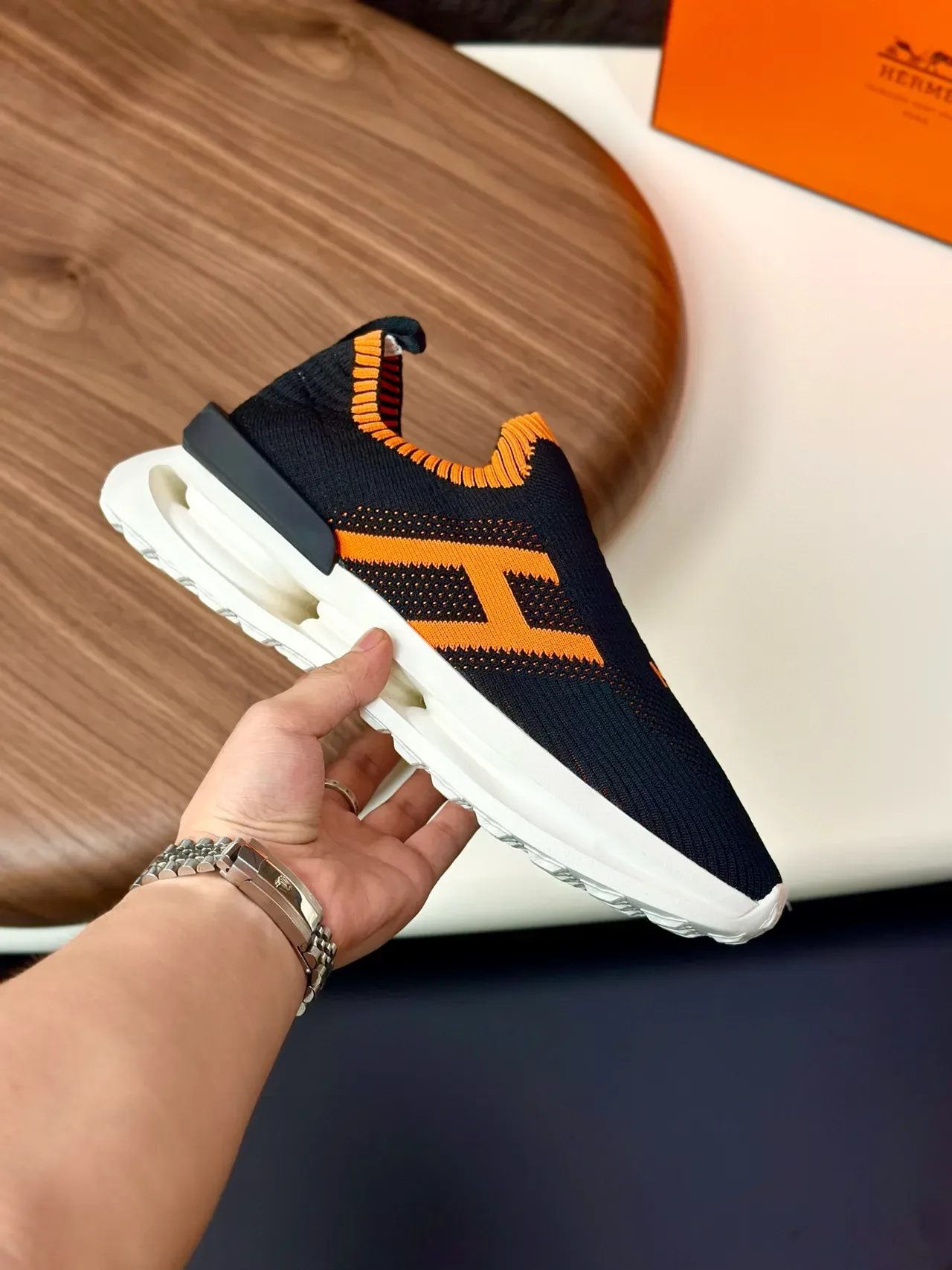 Black and Orange H-Graphic Slip-On Knit Lifestyle Sneakers 4