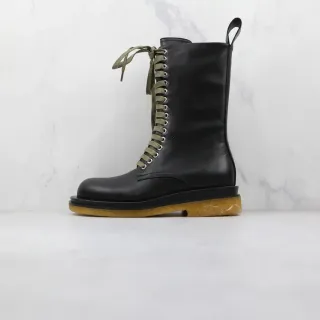 Black Army Green Tall Lace-Up Smooth Leather Upper Work Boots