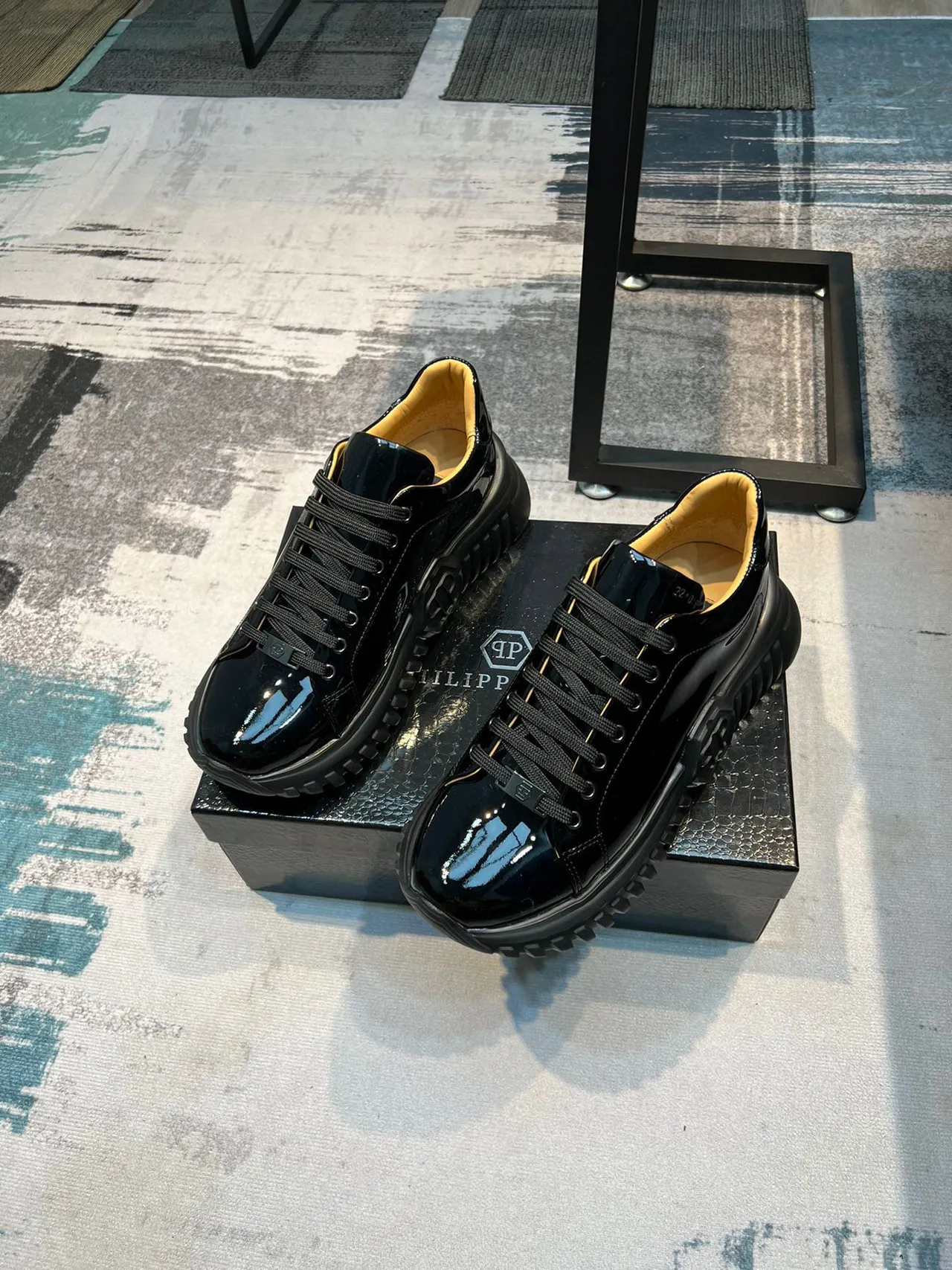 Black Beige Glossy Patent Upper Ridged Platform Sole Chunky Sneakers 5