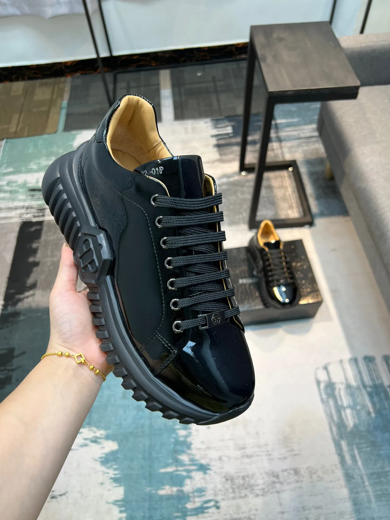 Black Beige Glossy Patent Upper Ridged Platform Sole Chunky Sneakers 7