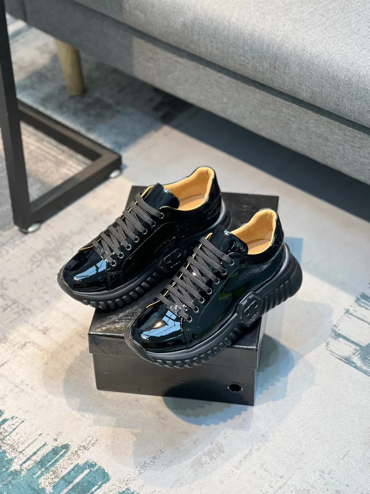 Black Beige Glossy Patent Upper Ridged Platform Sole Chunky Sneakers 8