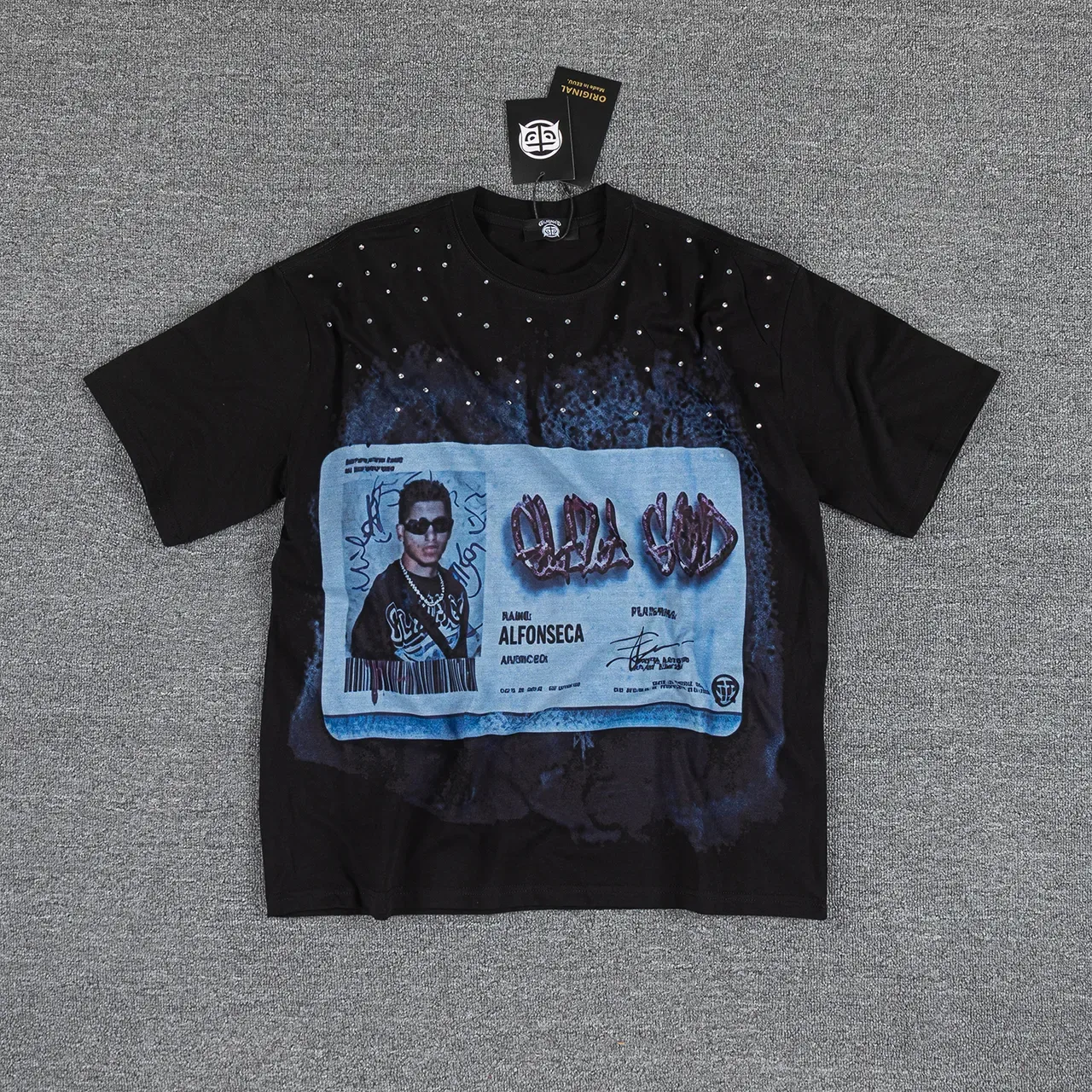 Black Blue Graphic Print Glitter Text T-Shirt 2