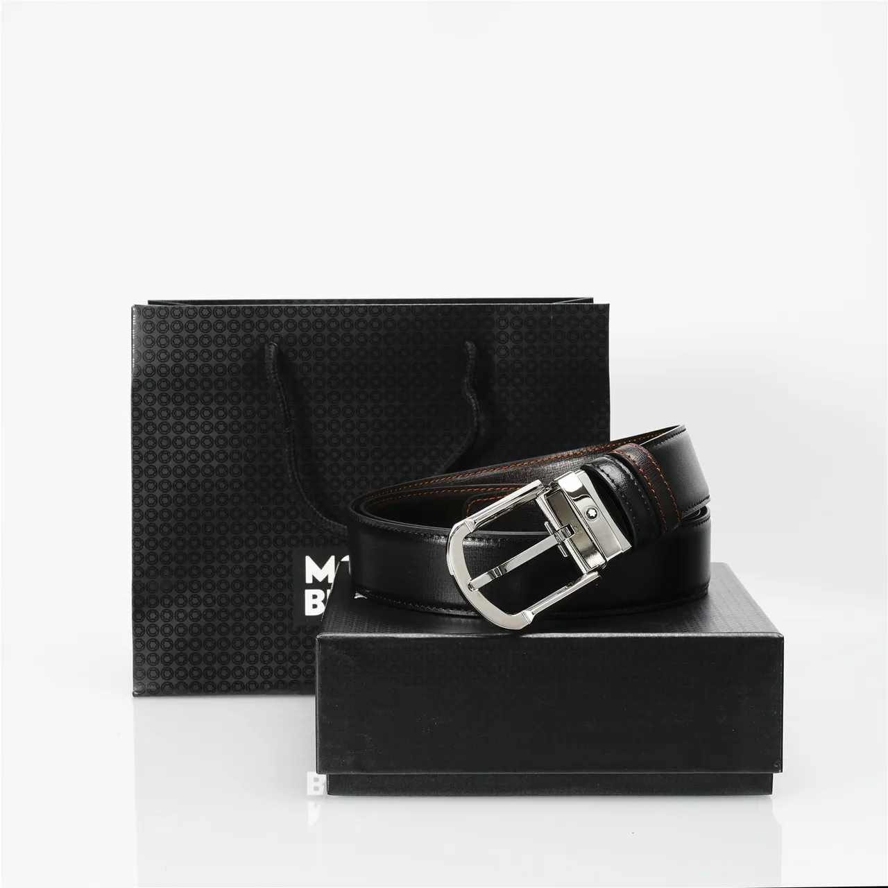 Black Brown Reversible Buckle Contrast Orange Stitching Leather Belt 3