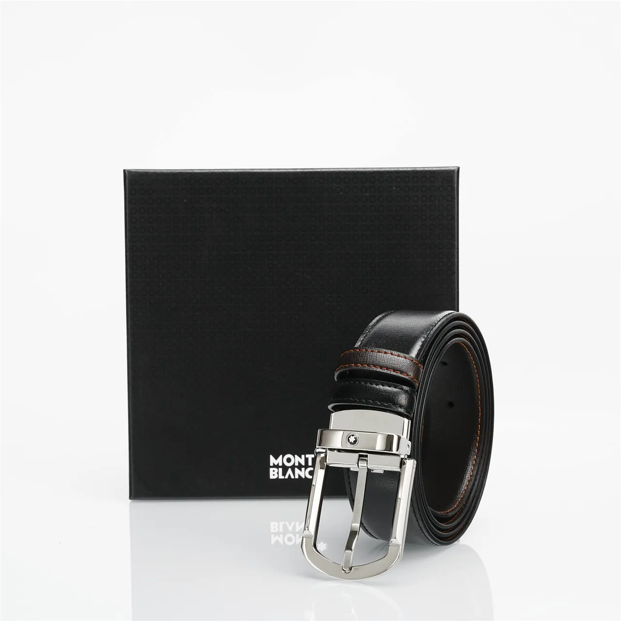 Black Brown Reversible Buckle Contrast Orange Stitching Leather Belt 4