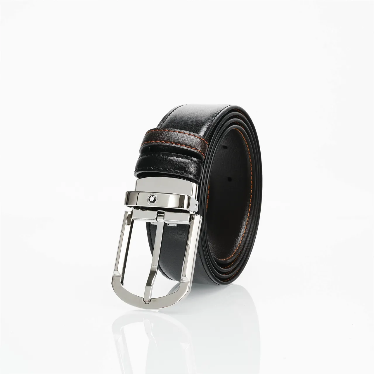 Black Brown Reversible Buckle Contrast Orange Stitching Leather Belt 5