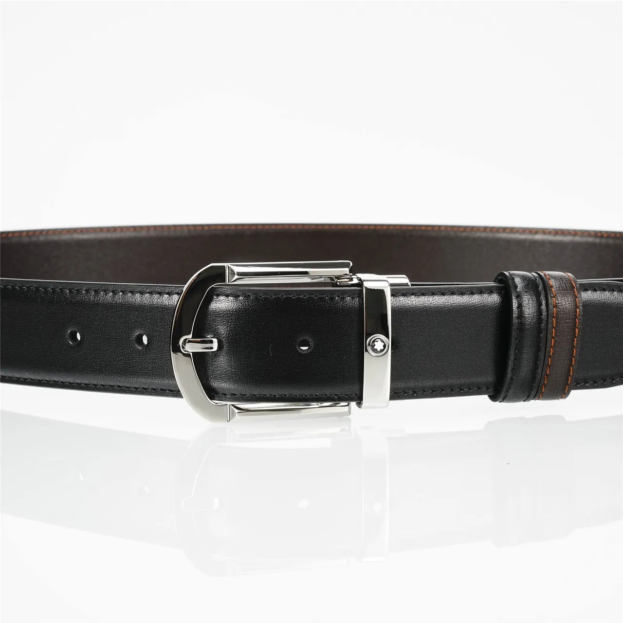 Black Brown Reversible Buckle Contrast Orange Stitching Leather Belt 6
