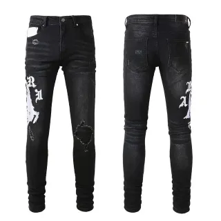 Black Distressed Graphic-Print Slim-Fit Jeans