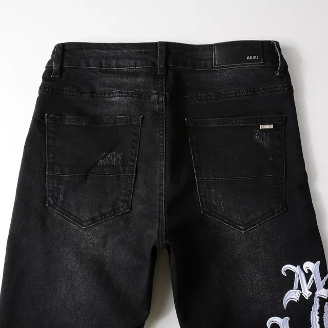Black Distressed Graphic-Print Slim-Fit Jeans 6