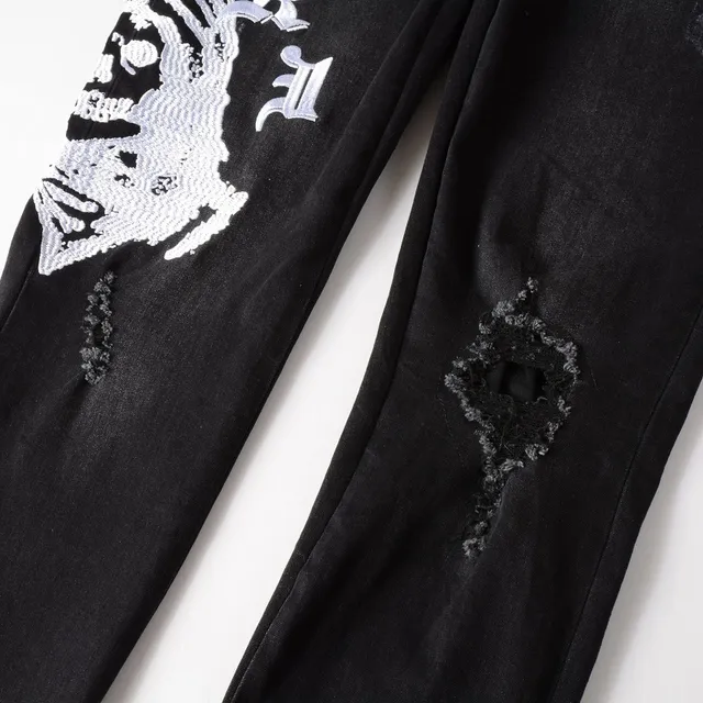 Black Distressed Graphic-Print Slim-Fit Jeans 7