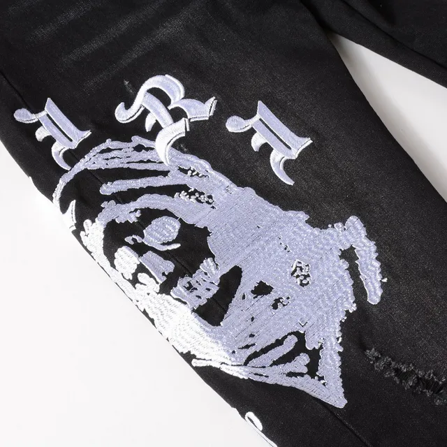 Black Distressed Graphic-Print Slim-Fit Jeans 8