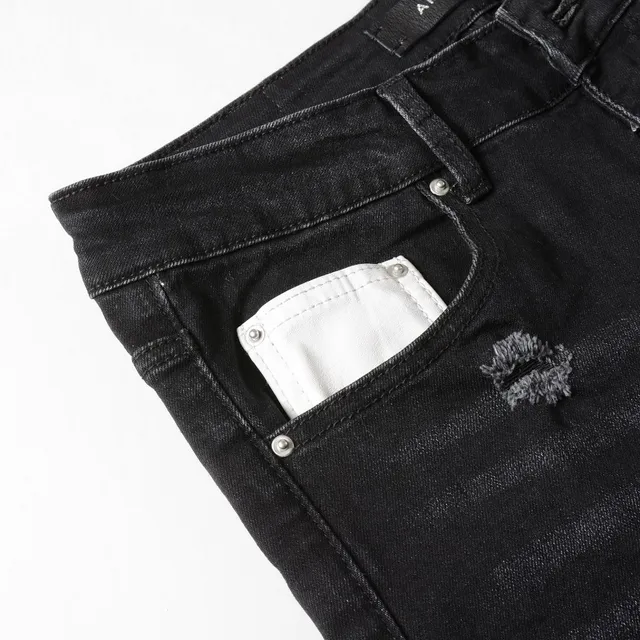 Black Distressed Graphic-Print Slim-Fit Jeans 9