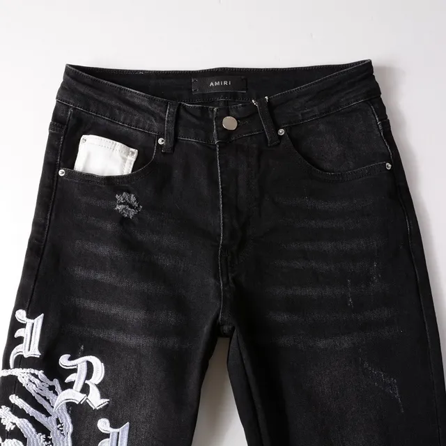 Black Distressed Graphic-Print Slim-Fit Jeans 12