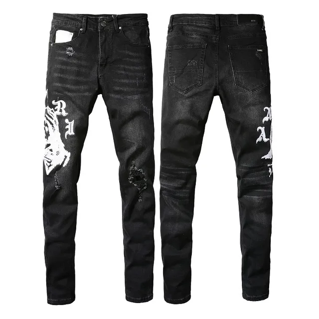 Black Distressed Graphic-Print Slim-Fit Jeans 13