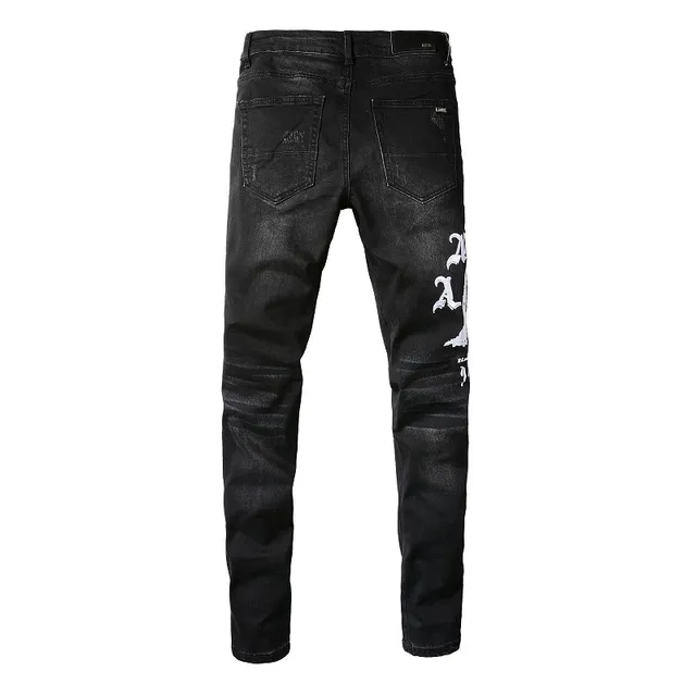 Black Distressed Graphic-Print Slim-Fit Jeans 14