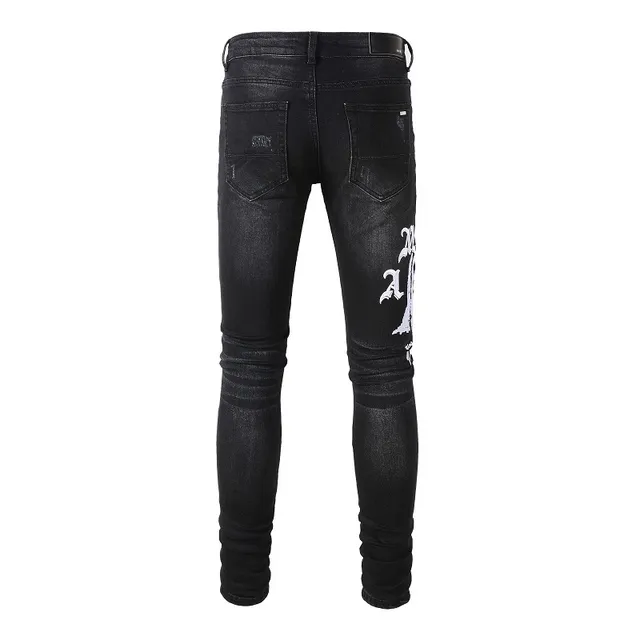 Black Distressed Graphic-Print Slim-Fit Jeans 16