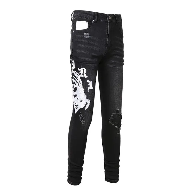 Black Distressed Graphic-Print Slim-Fit Jeans 17
