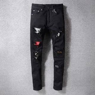 Black Distressed Ripped Patched Slim-Fit Jeans