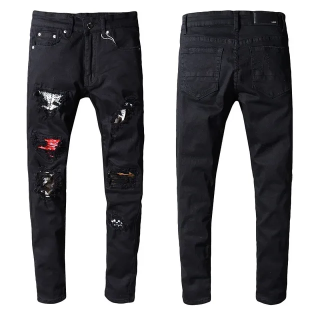 Black Distressed Ripped Patched Slim-Fit Jeans 2