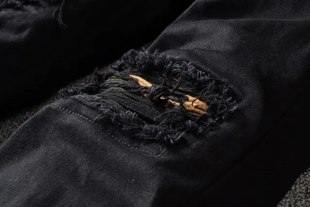 Black Distressed Ripped Patched Slim-Fit Jeans 9