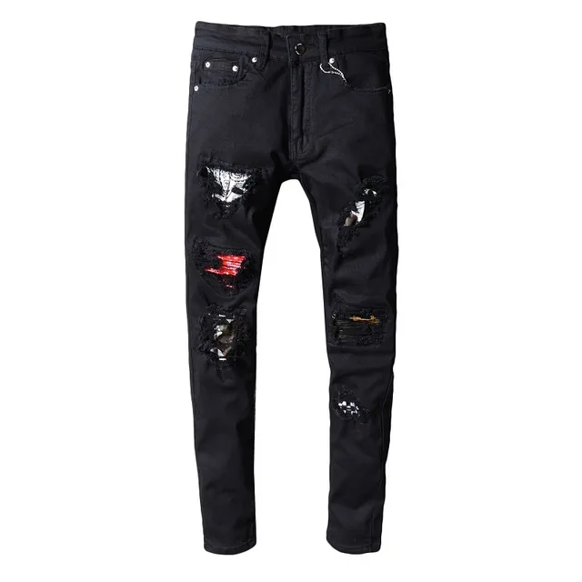 Black Distressed Ripped Patched Slim-Fit Jeans 15