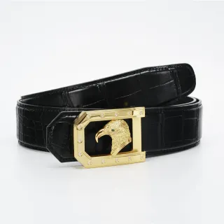 Black Gold Crocodile-Embossed Eagle-Head Buckle Leather Belt