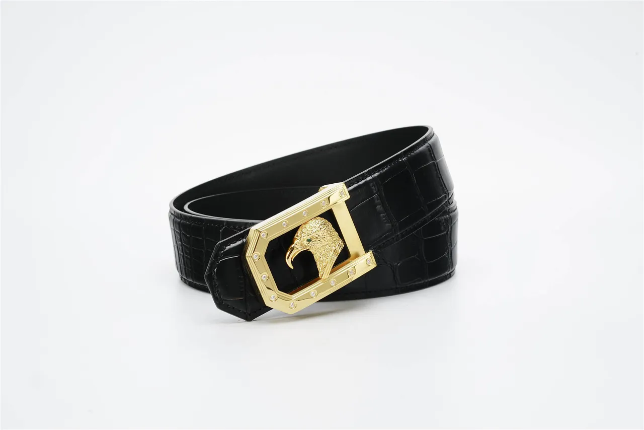Black Gold Crocodile-Embossed Eagle-Head Buckle Leather Belt 4