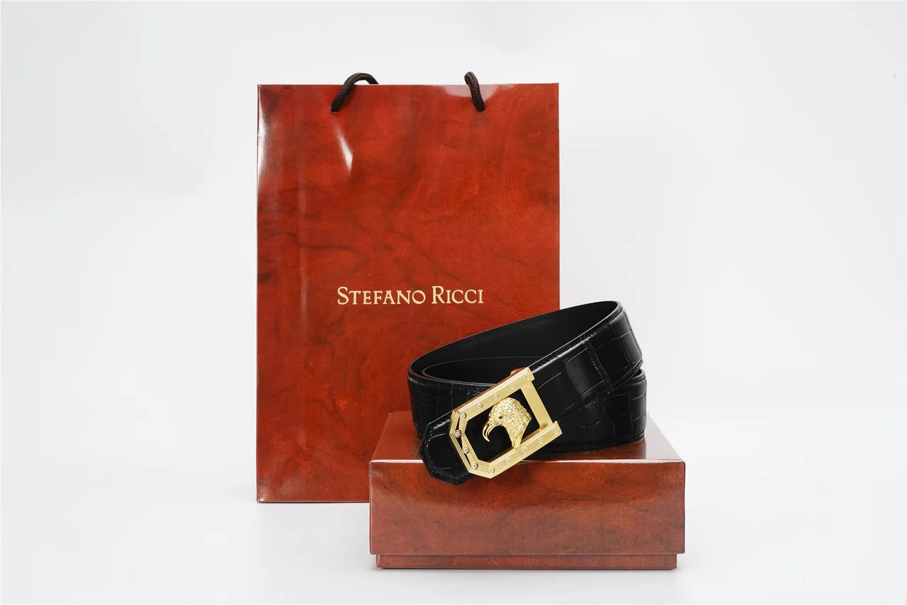 Black Gold Crocodile-Embossed Eagle-Head Buckle Leather Belt 5