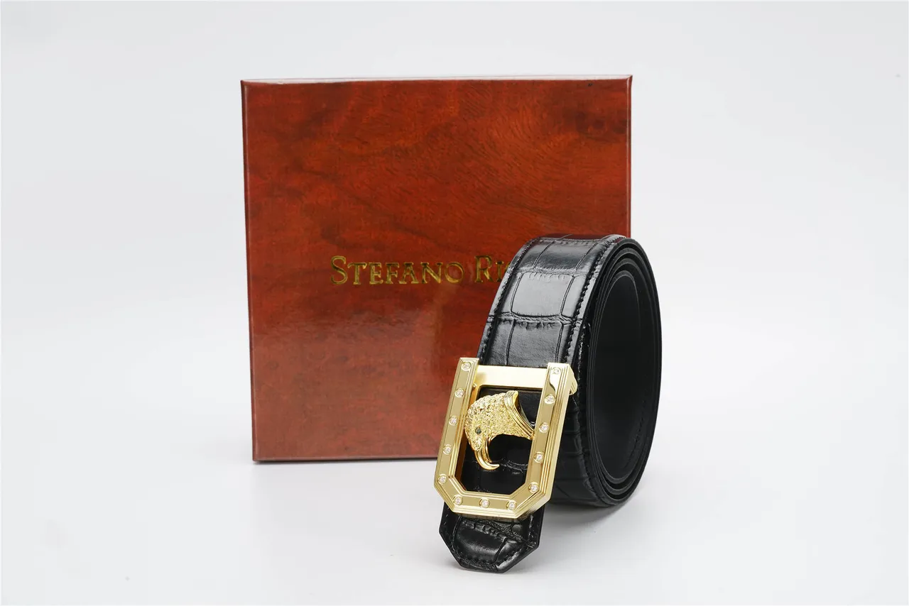 Black Gold Crocodile-Embossed Eagle-Head Buckle Leather Belt 6