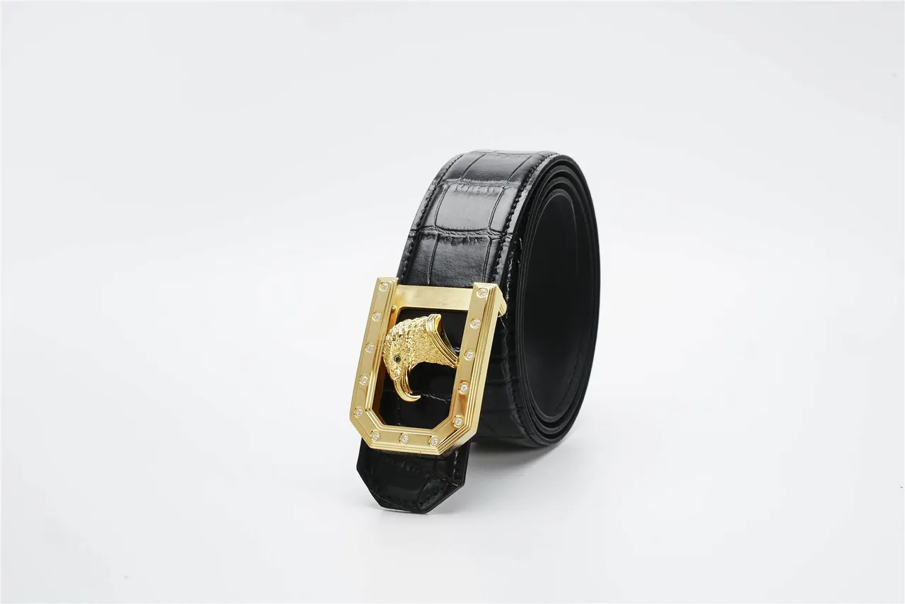 Black Gold Crocodile-Embossed Eagle-Head Buckle Leather Belt 7