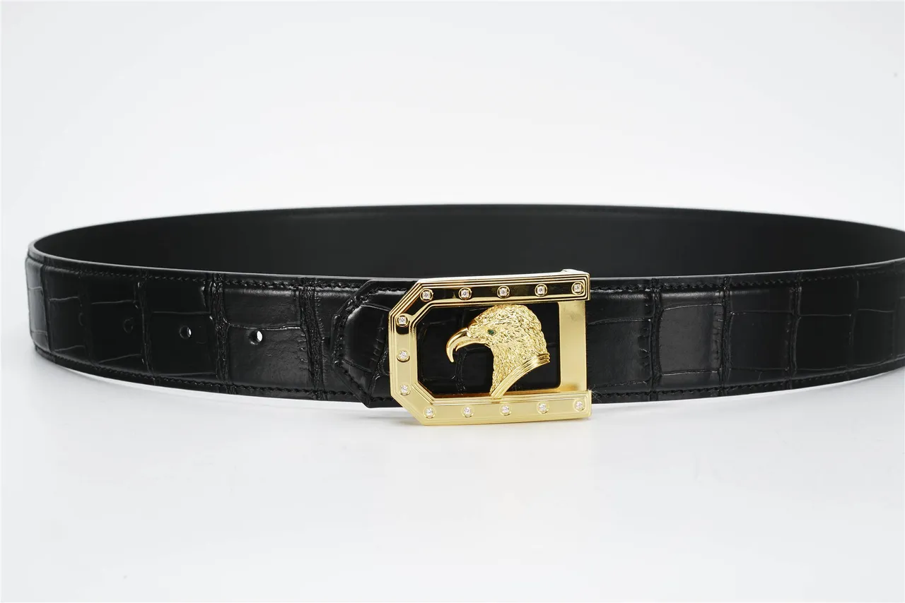 Black Gold Crocodile-Embossed Eagle-Head Buckle Leather Belt 8