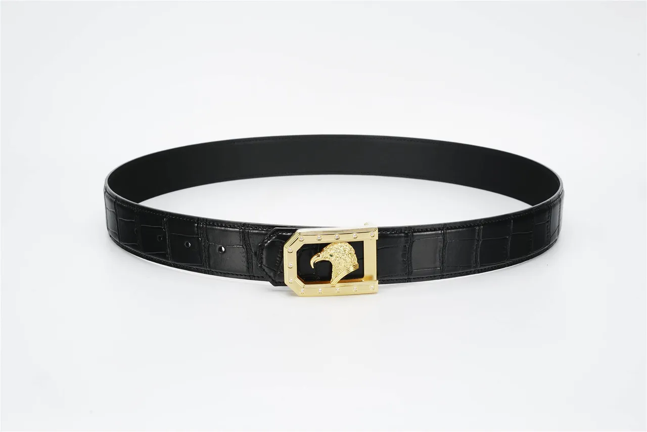 Black Gold Crocodile-Embossed Eagle-Head Buckle Leather Belt 9