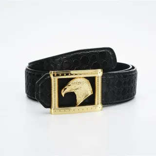 Black Gold Embossed Hexagonal Eagle Head Buckle Leather Belt
